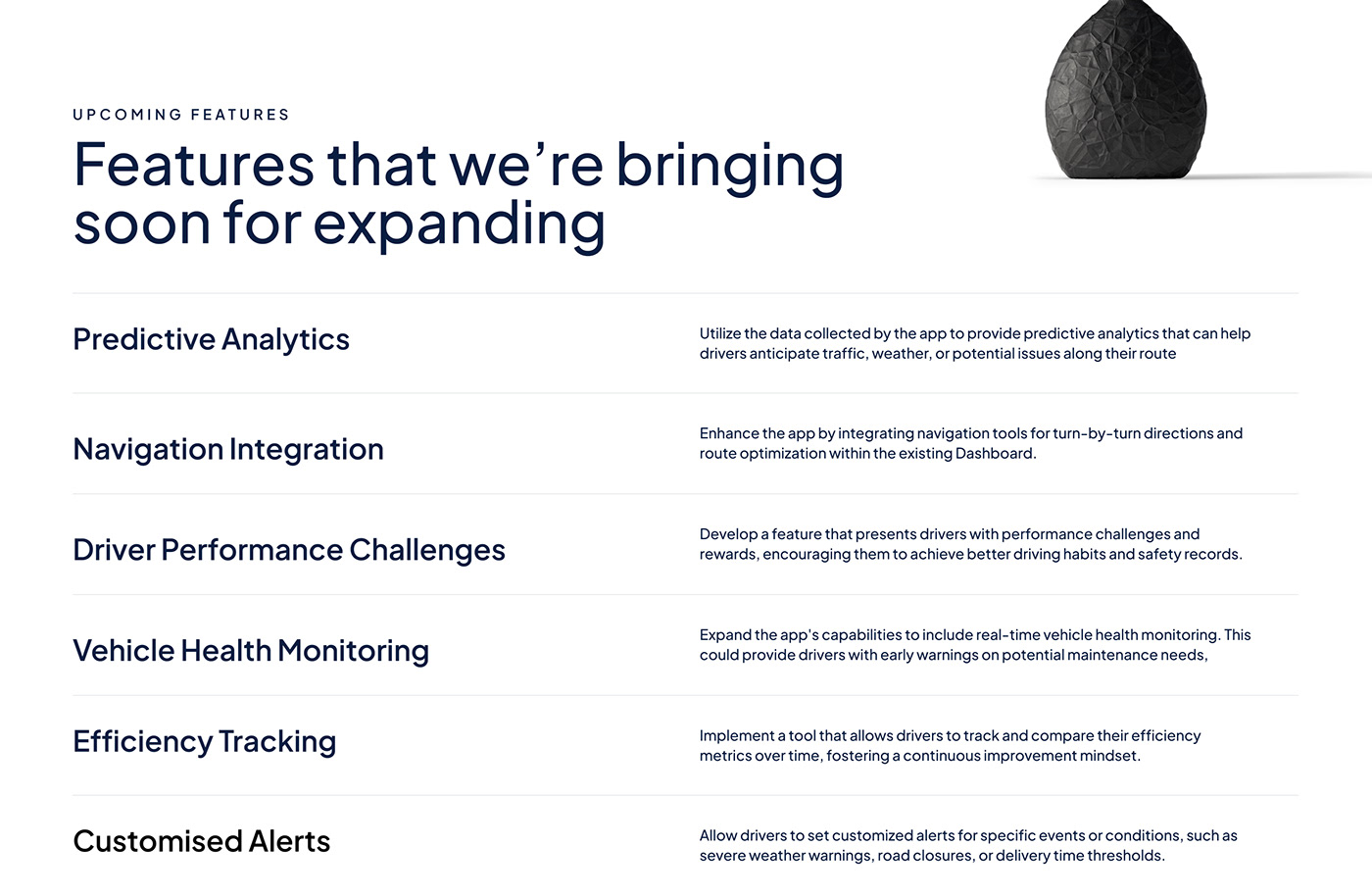 Upcoming features: predictive analysis, navigation, vehicle health, efficiency tracking & alerts