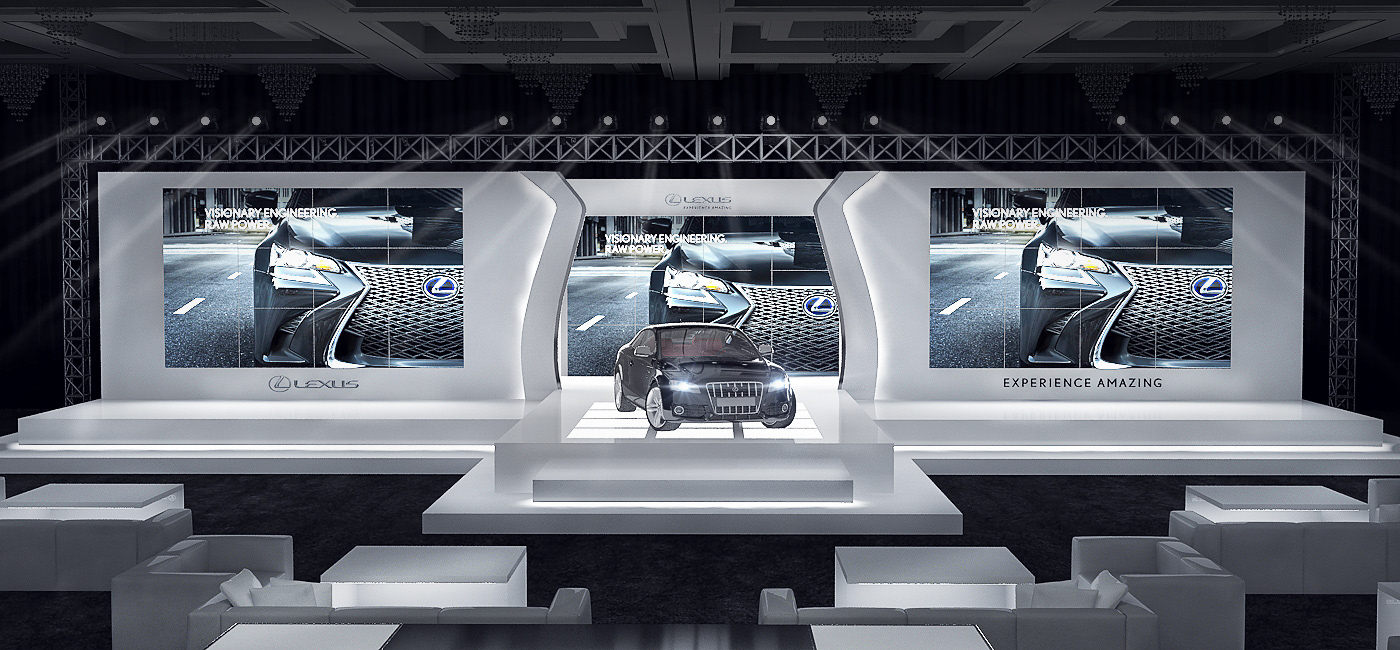 Lexus Car Event setup White modern Stage reveal tunnel pavilion