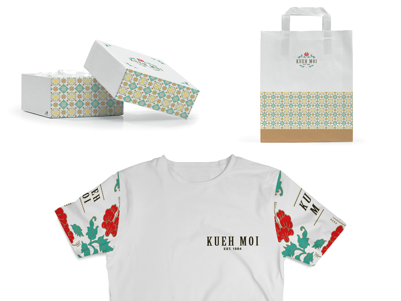 Packaging, t-shirt and eco bag for Kueh Moi branded with patterns and oriental motives