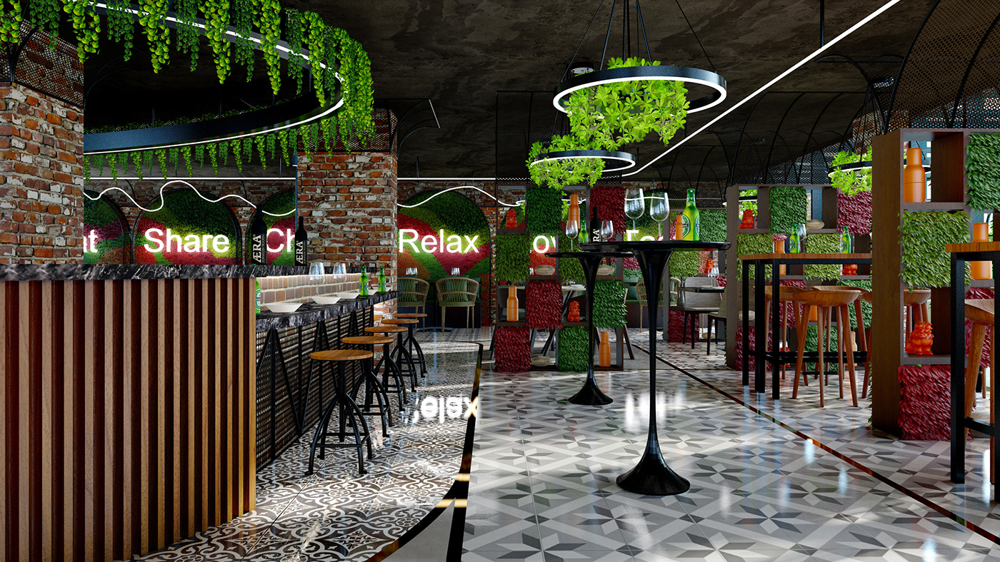 Bar Design restaurant design interior design  3d Visualisation 3D Visualization restaurant 3d design Interior Architecture SketchUP Cafe design