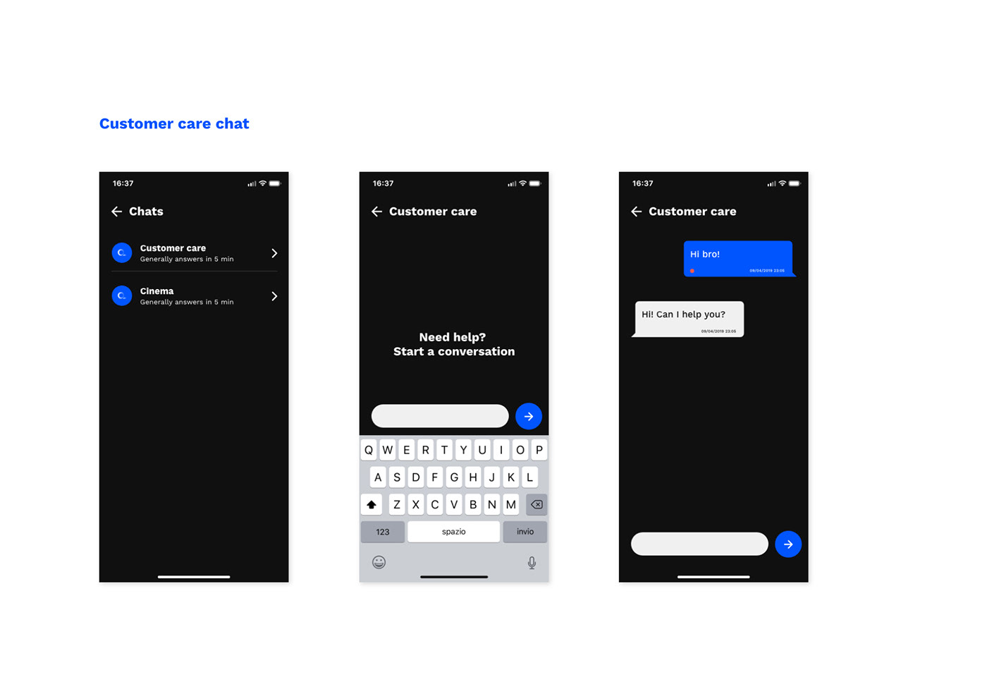 Cinema mobile app blue work sans UI ux prototype interaction dark