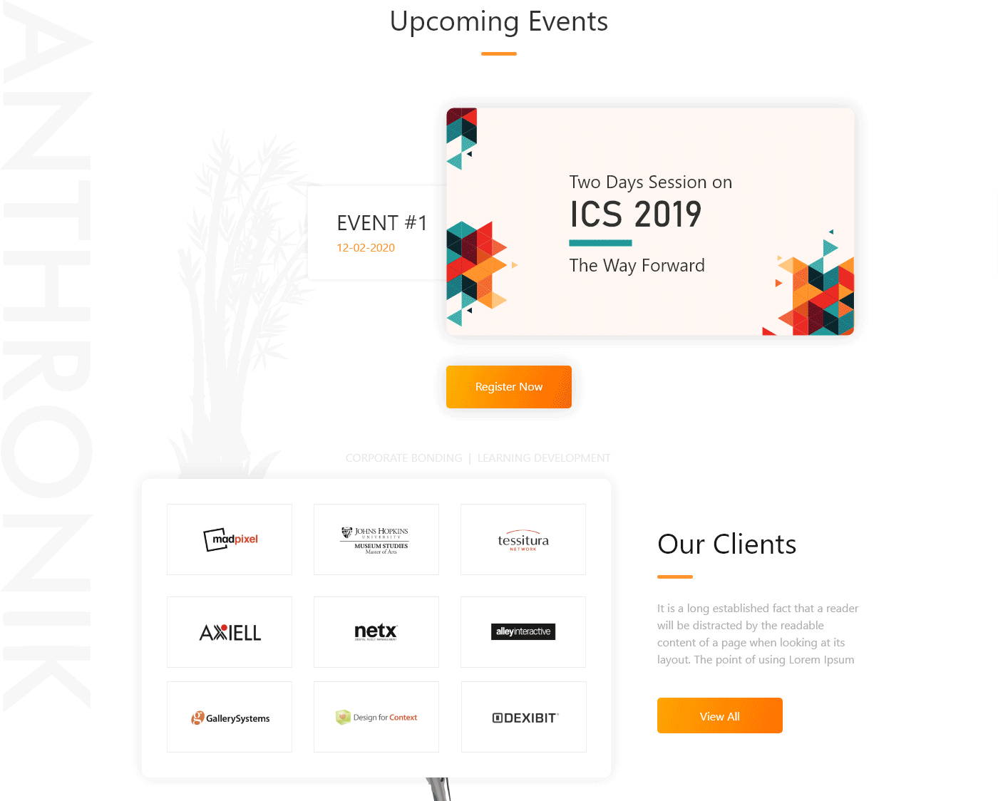 Webdesign orange light UI design Event management organize black and white