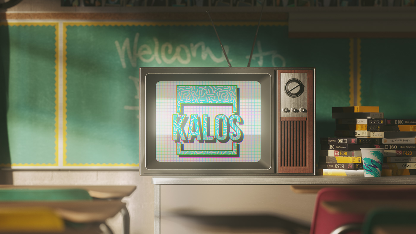 A retro tv displays a 90s graphic of Kalos Church