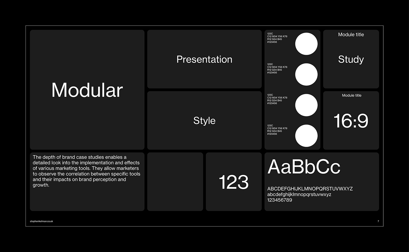 Bento Style Presentation Grid System for Adobe InDesign | Sample Layout – Dark Background
