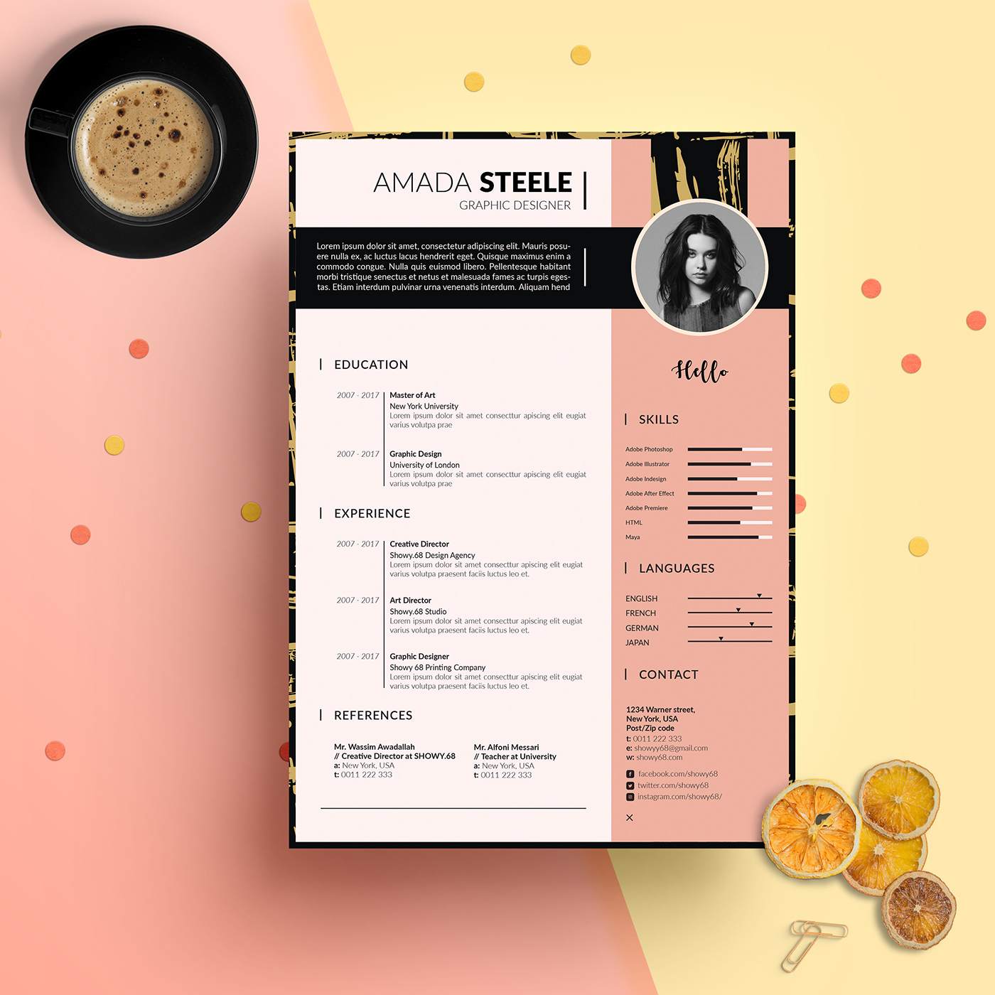 CV template Resume pink gold black print a4 design