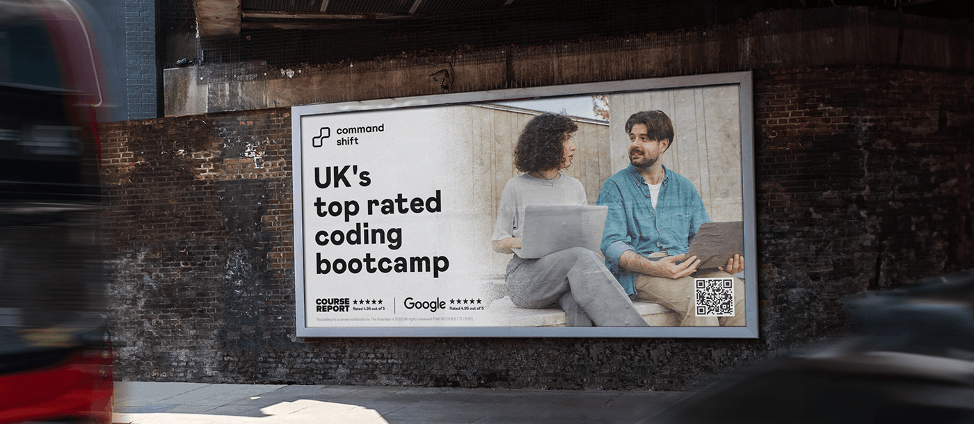 A street banner promoting the UK's best coding school, featuring a QR code for easy access