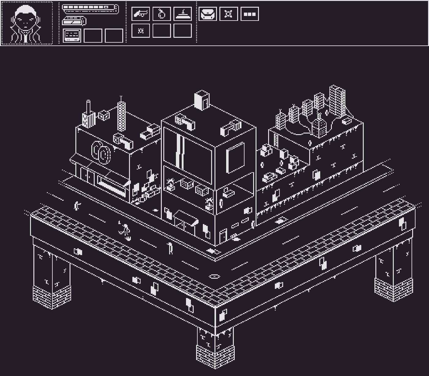 1-bit black and white city Cyberpunk design game game mockup Isometric Pixel art Retro