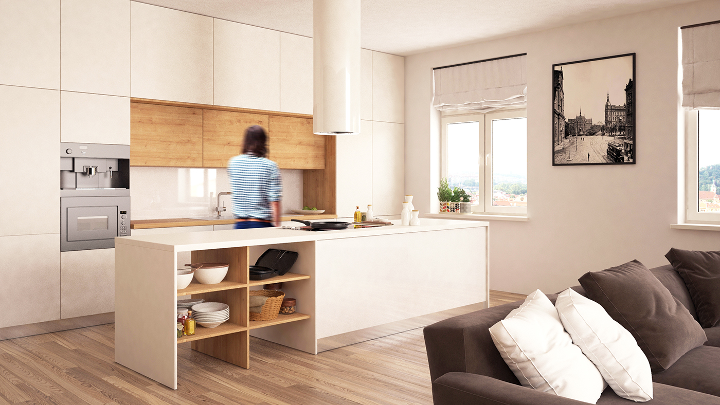 living room kitchen boy wood Interior apartment visualisation woman children 3D