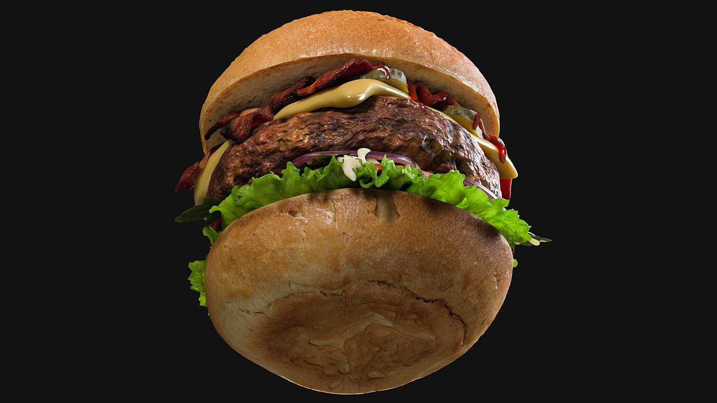3D model arugula bacon bun burger Cheese Fast food hamburger Onion Tomato