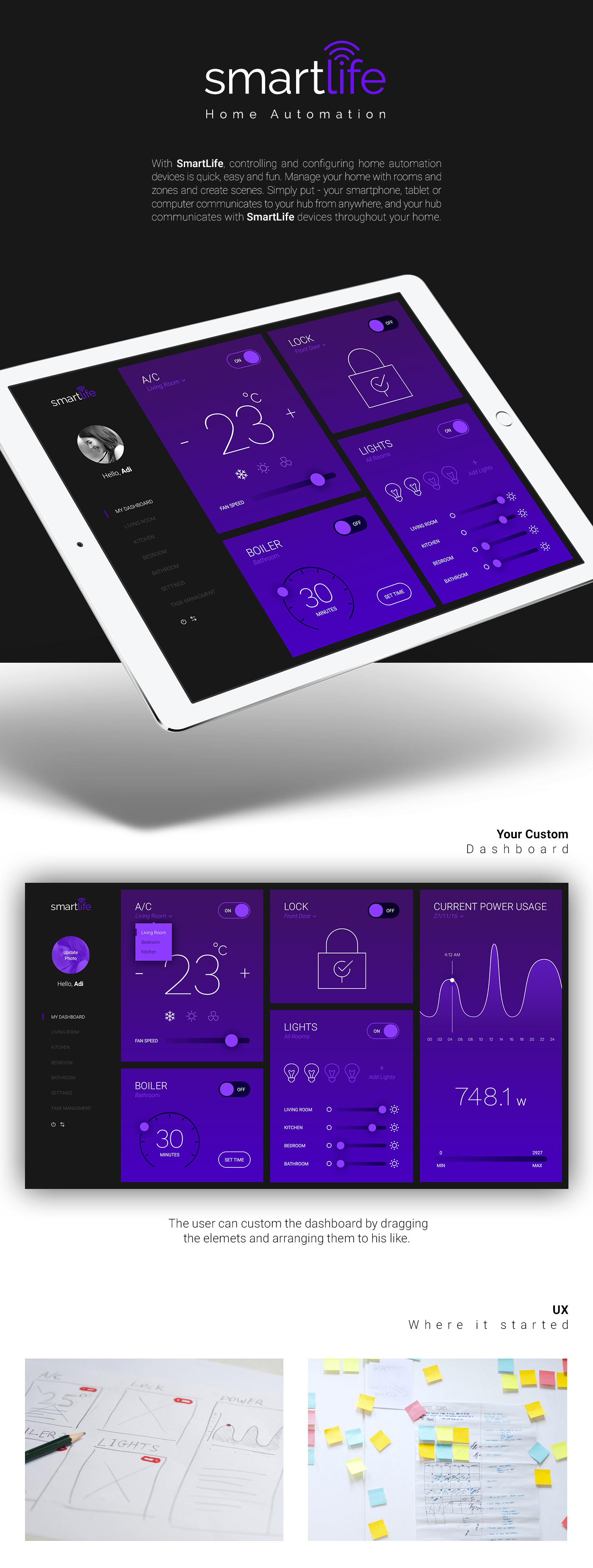 dashboard Smart Home Smart control panel purple UI ux app design touch