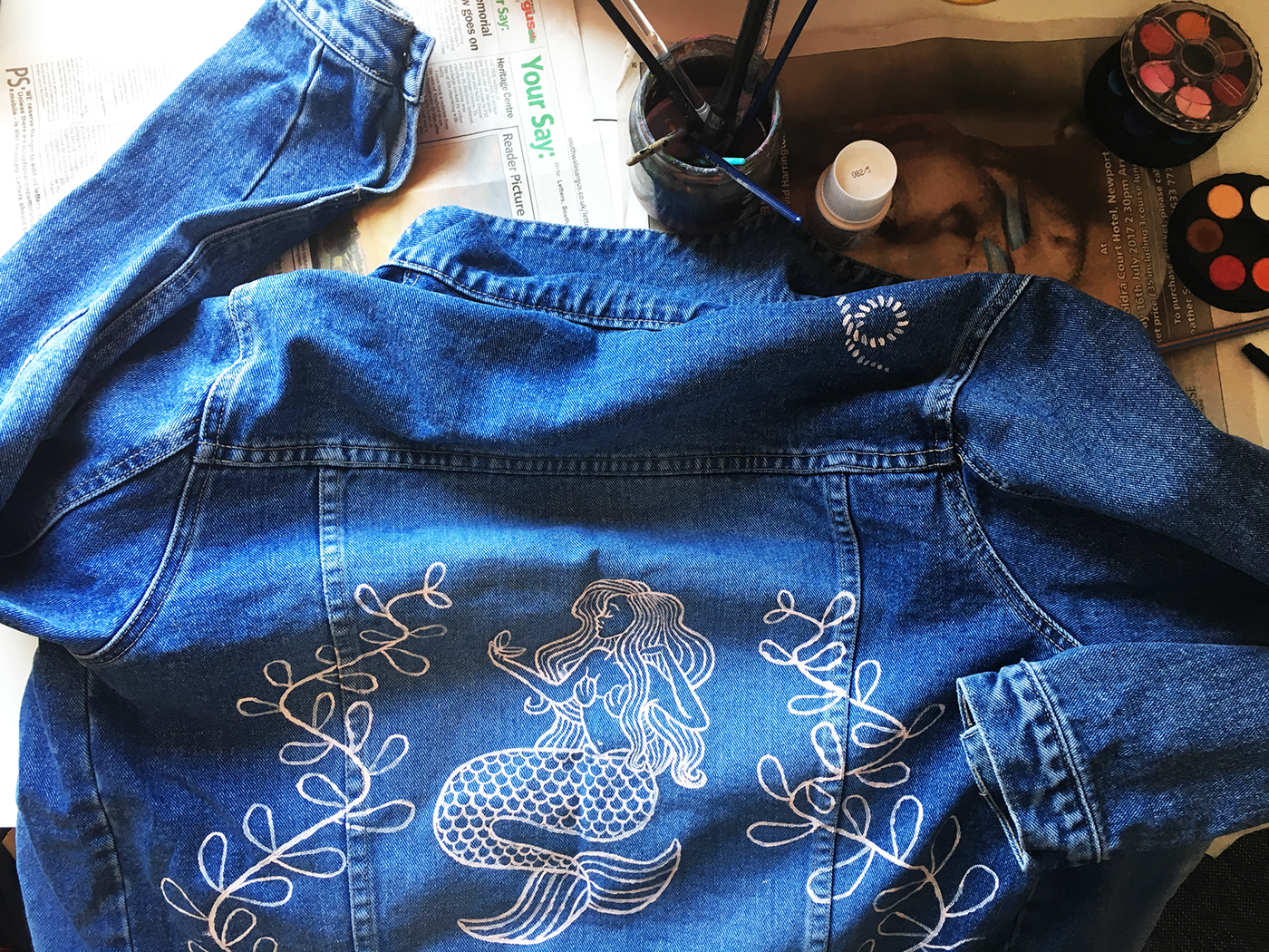 Fashion  Denim jacket vintage paint painting   mermaid fantasy Customise