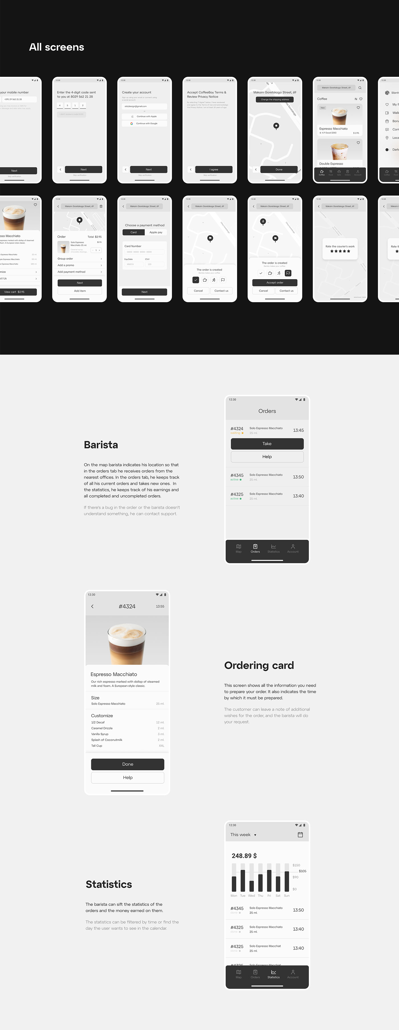app design black and white Coffee concept delivery minimal mobile UI ux