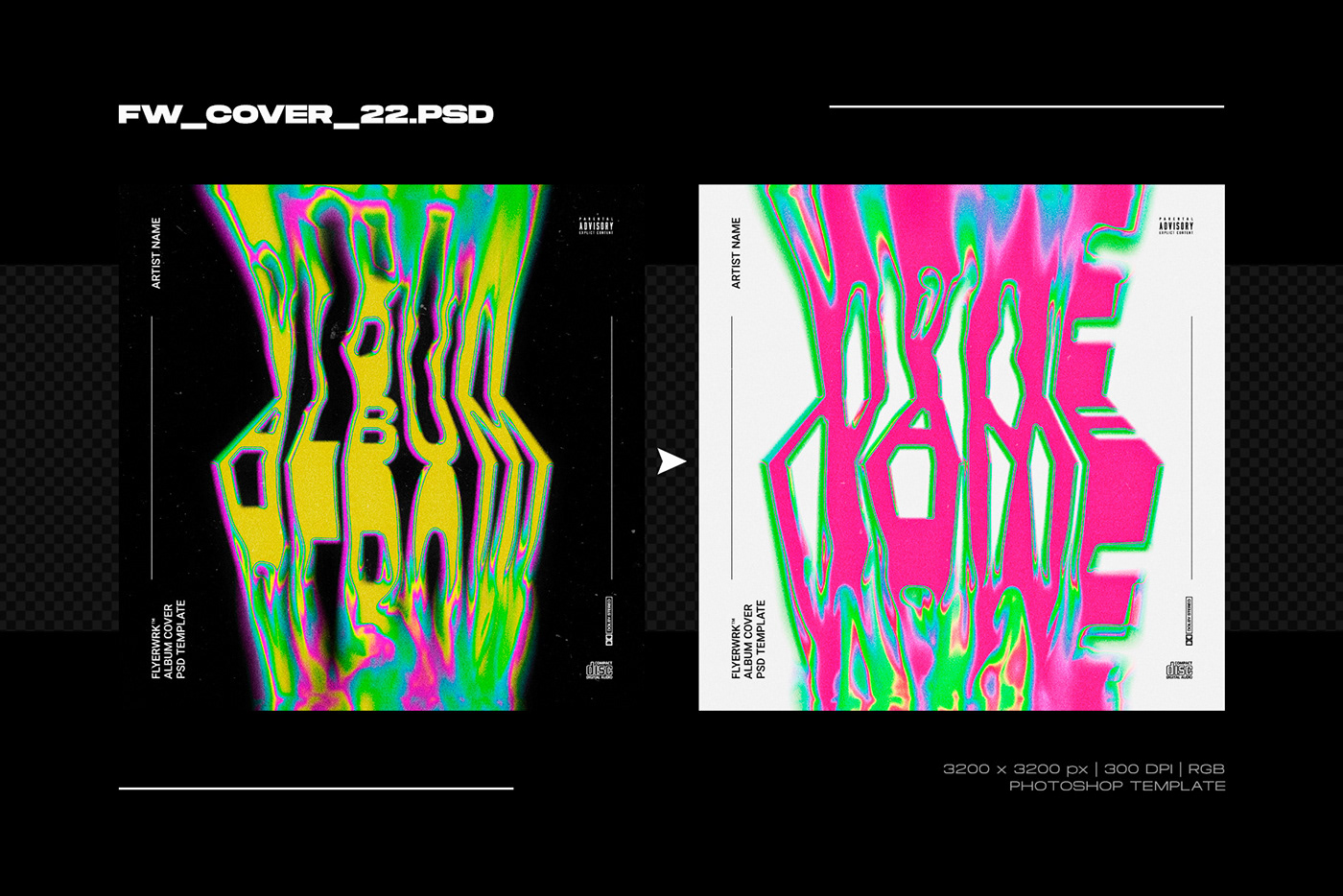 Album cover design Glitch melted photoshop podcast template text vinyl
