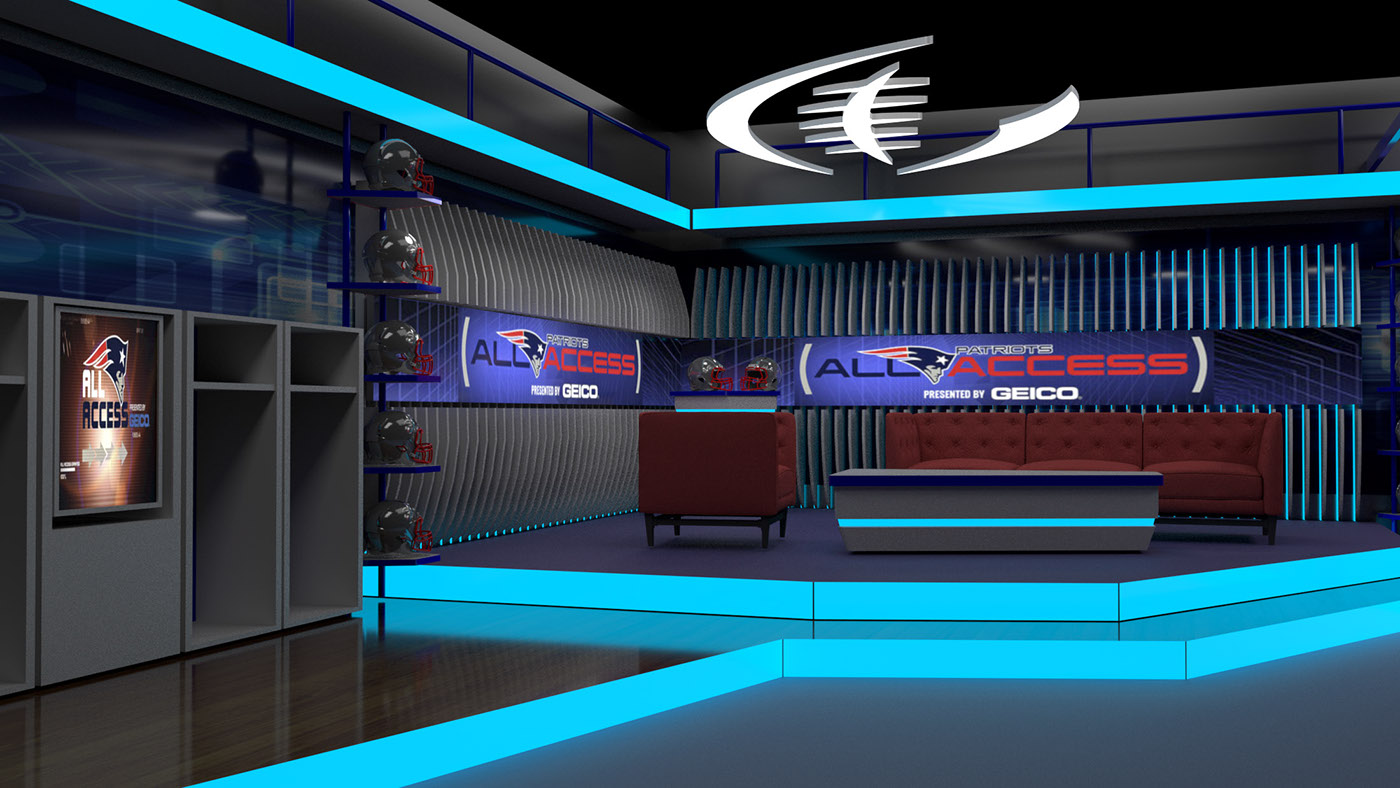 Maya set design  3d design nfl New England Patriots Tv show design Newsroom design EXHIBIT DESIGN