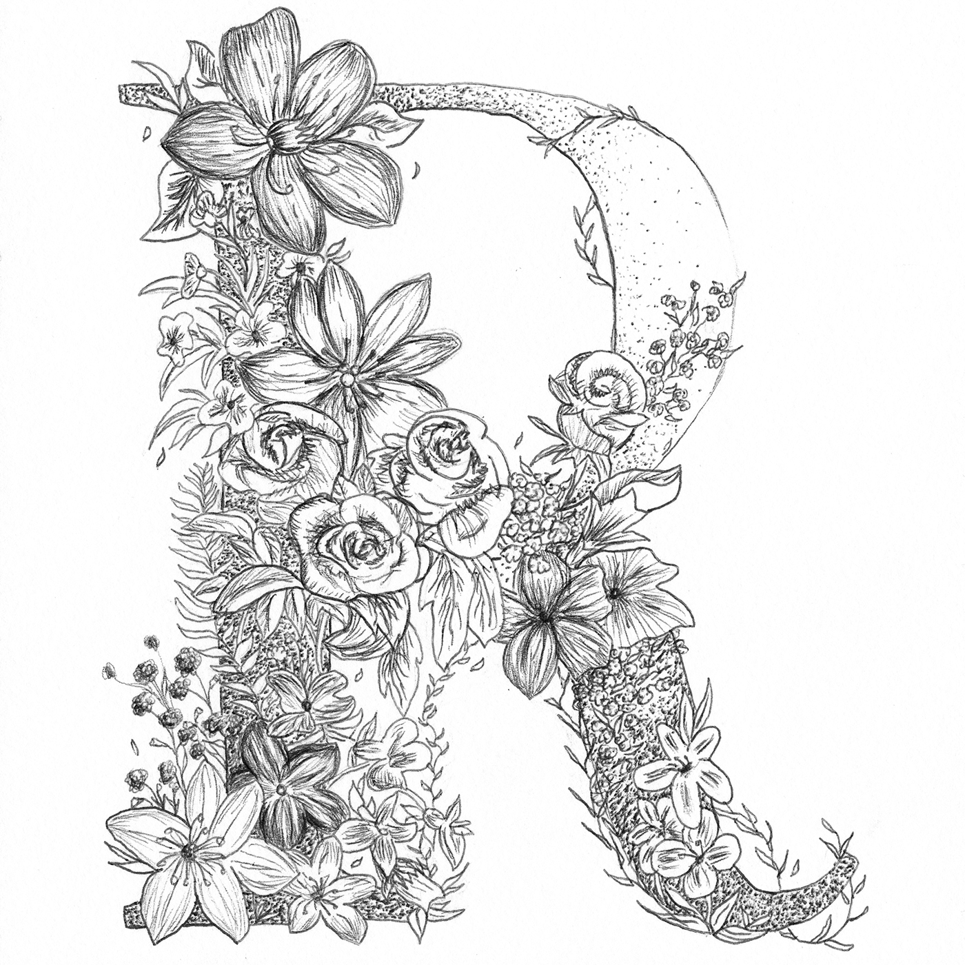 floral Typeface custom typeface Flowers ILLUSTRATION  botanical ink drawing design type line drawing