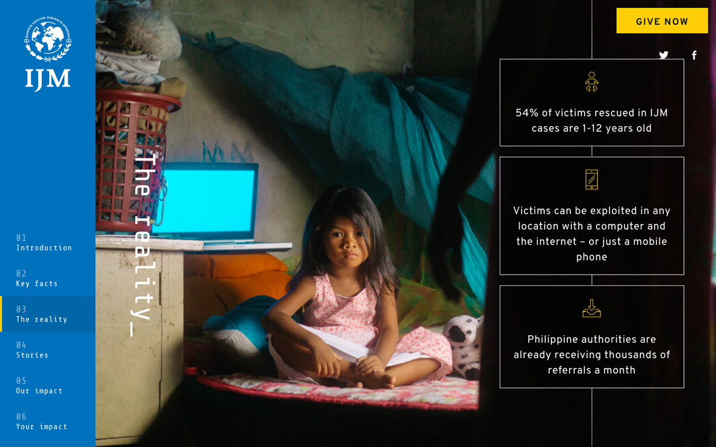 campaign charity microsite onepage Justice philippines dark impact statistics mobile