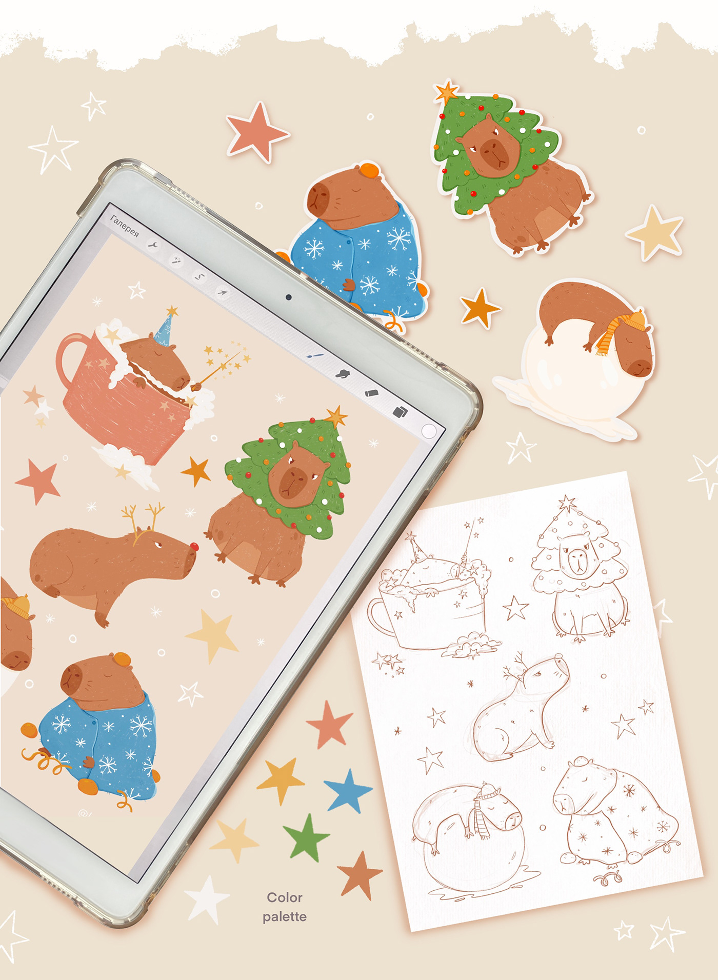 sticker capybara cute animal Character design  Christmas children stickers ILLUSTRATION  new year