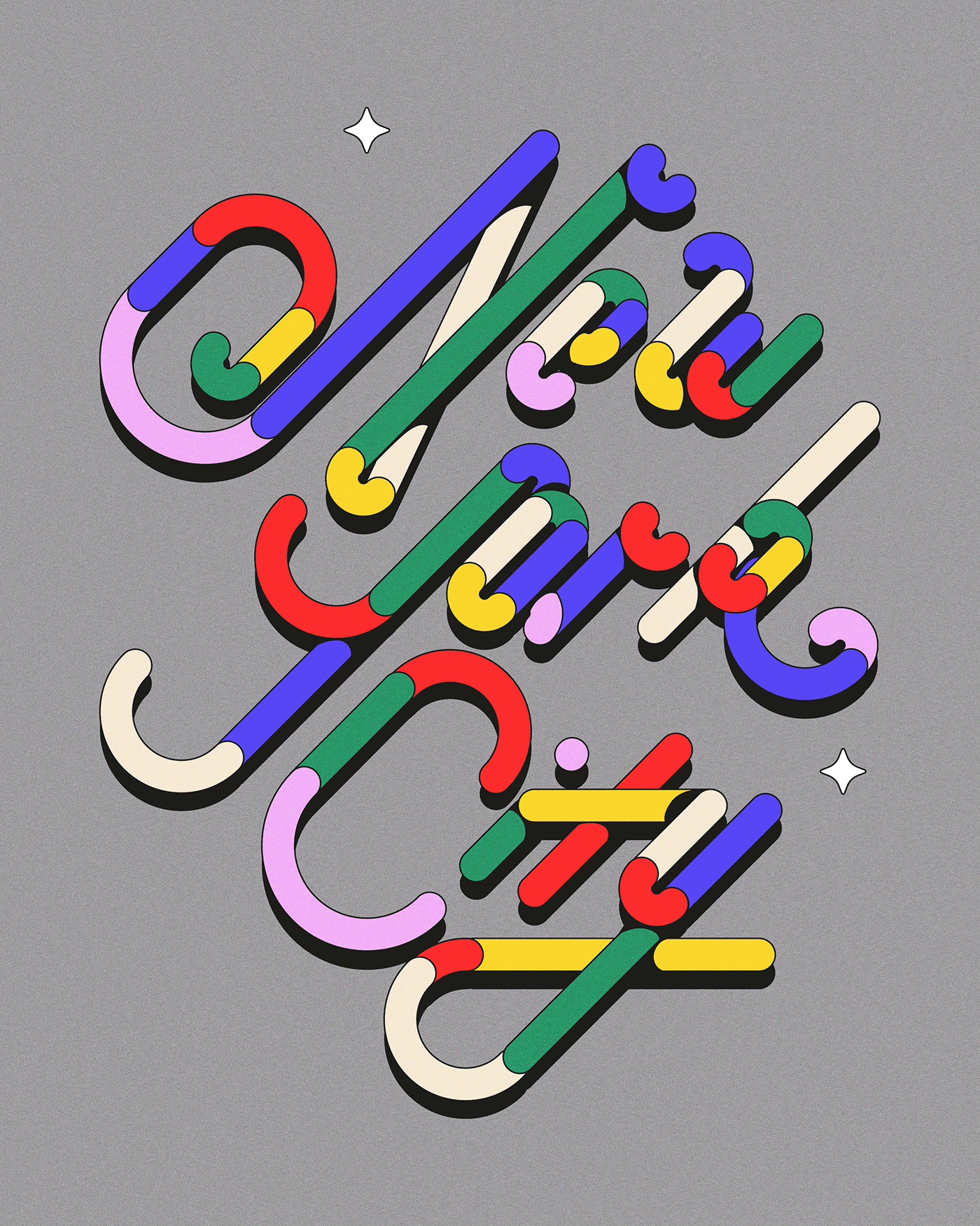 Poster size lettering type exploration and colourful outlines 70's inspired illustration type.