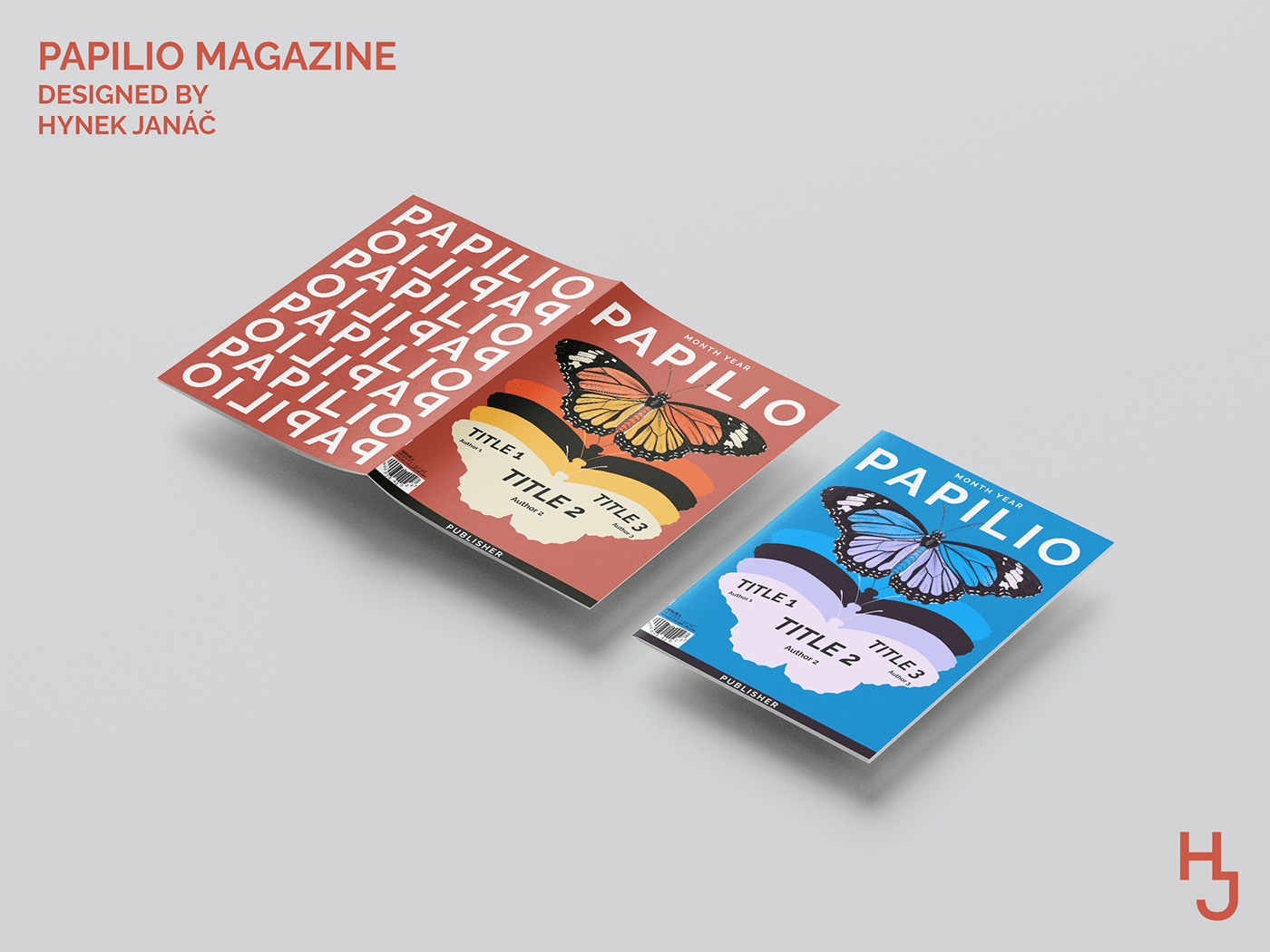 Red and blue magazine covers with big butterflyies and PAPILIO text