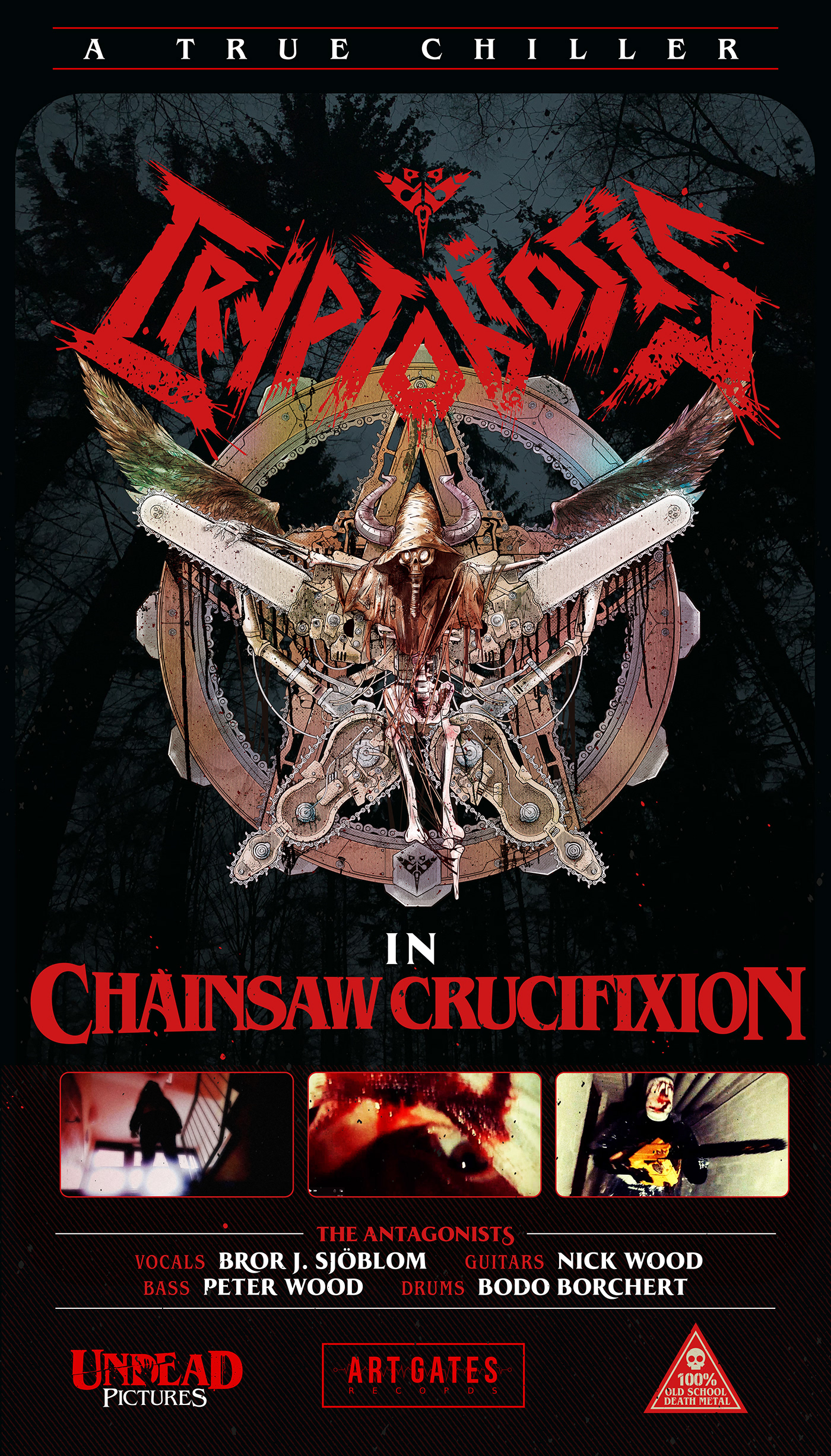 chainsaw cover artwork crucifixion Cryptobiosis darkart death metal key visual music Pentagram skeleton