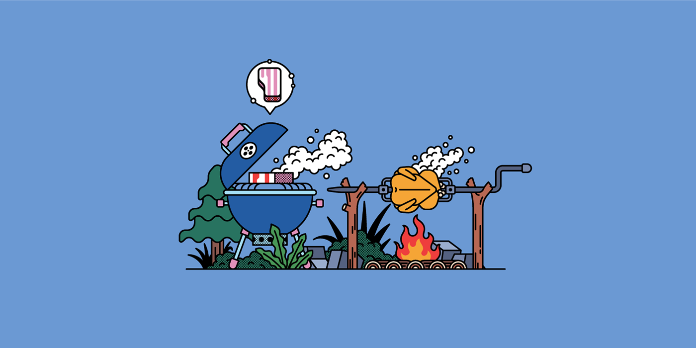 J-EIGHT camping rotisserie Outdoor line illustration BBQ Camping illustration chicken barbeque
