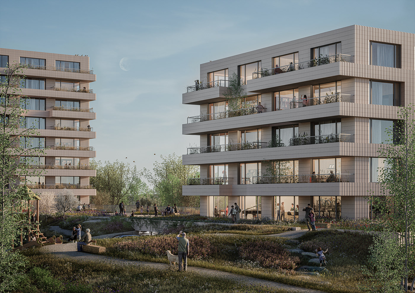 architectural visualization showing housing for elderly in the netherlands with a lot of greenery 