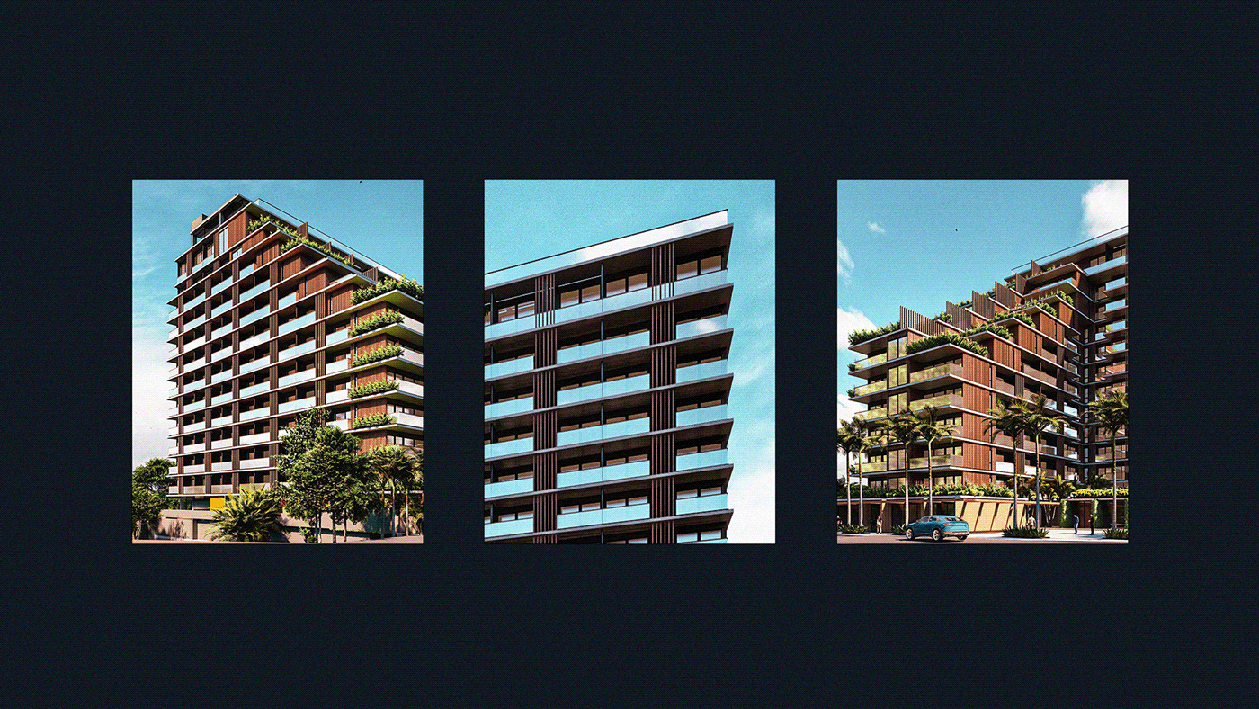 Three stylized images of a modern building with vegetation on the balconies against a textured backg