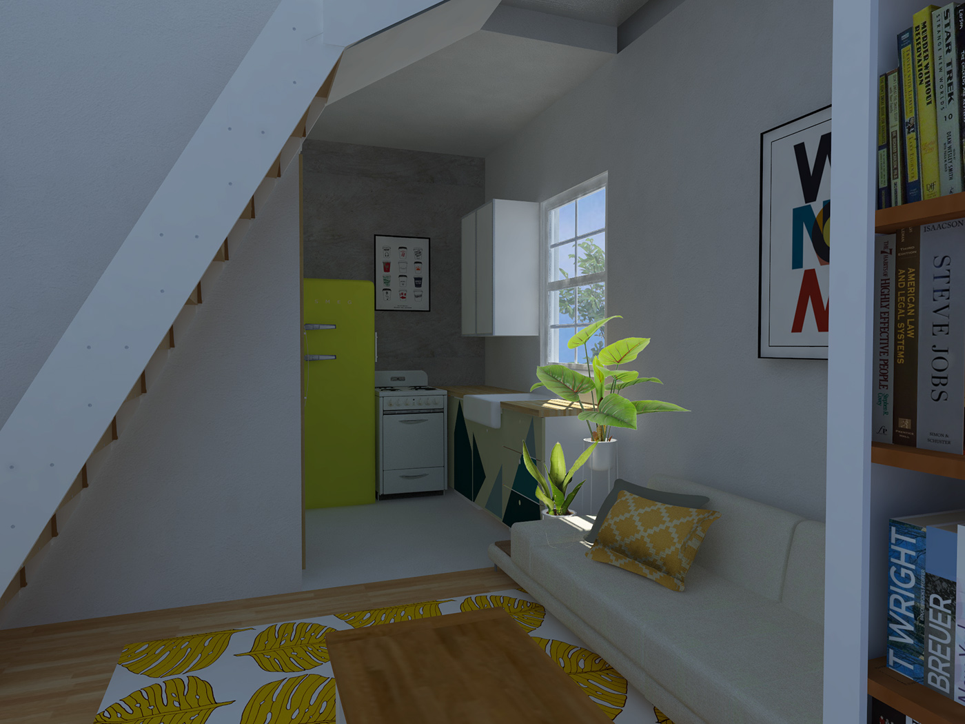 Render 3D post-production interior design  furniture living room kitchen small