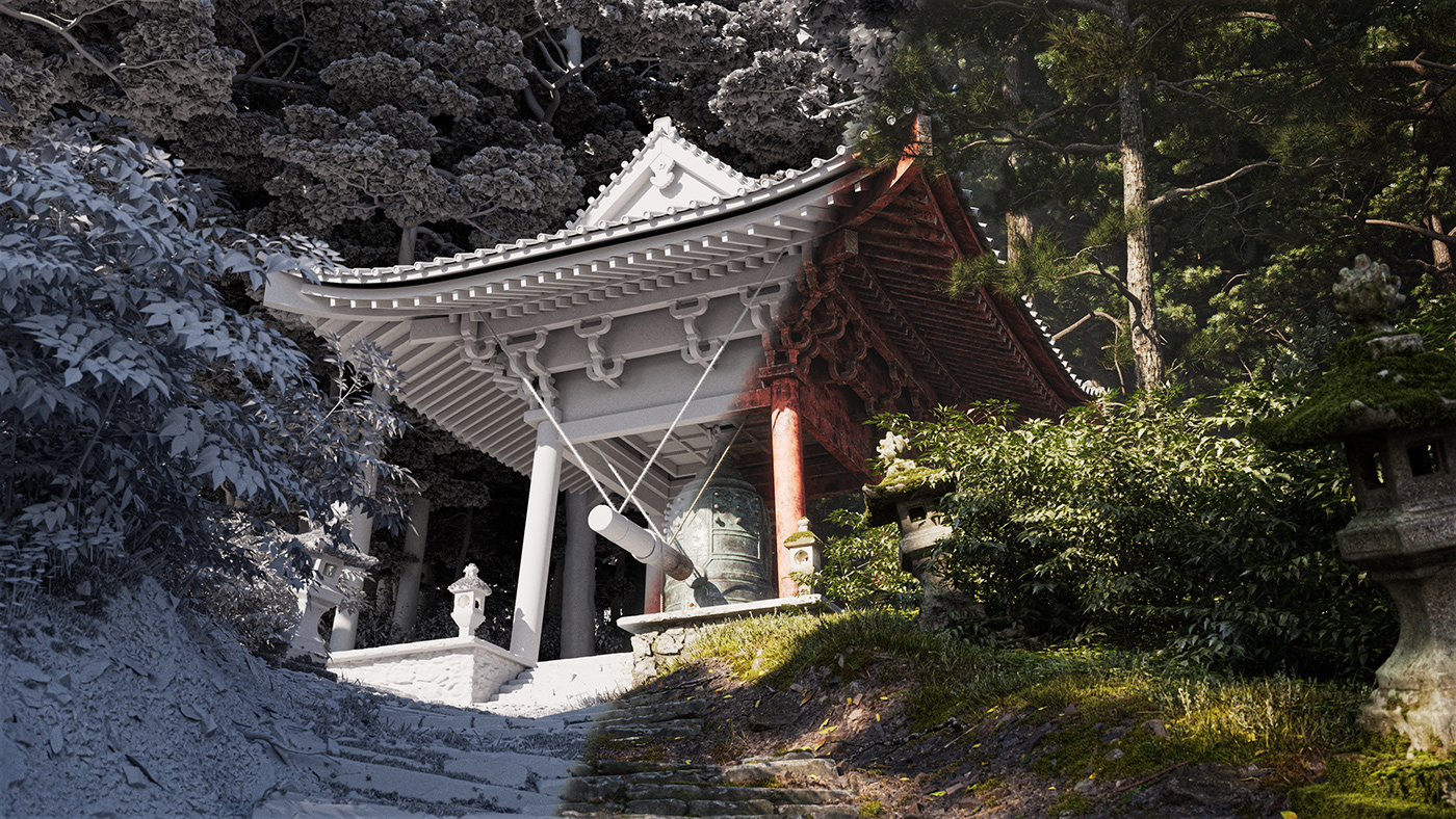 3ds max bell CGI forest japan japanese pagoda rendering substance Zbrush