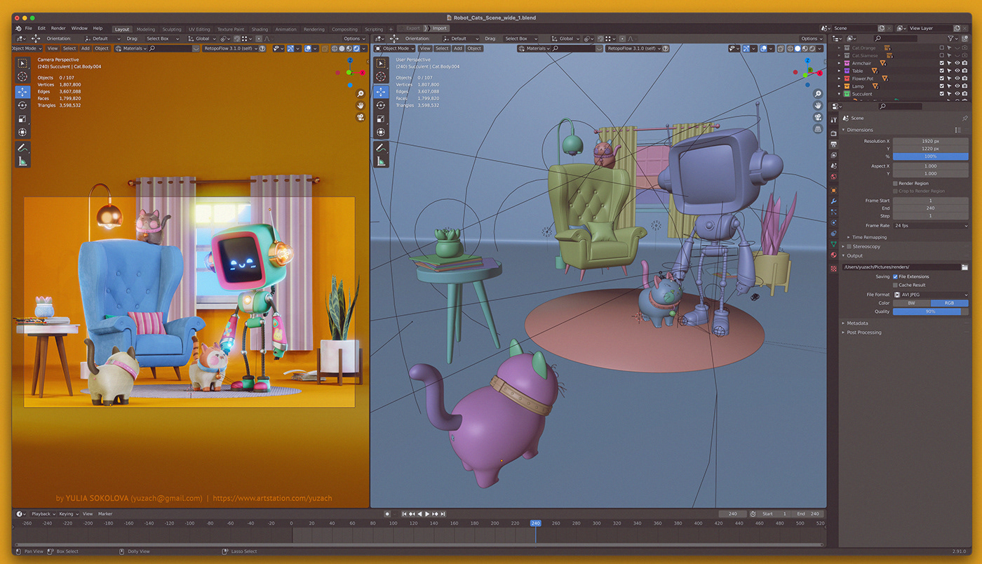 3D scene with cartoon characters, Robot and cats and stylized furniture, rendered in Blender Eevee