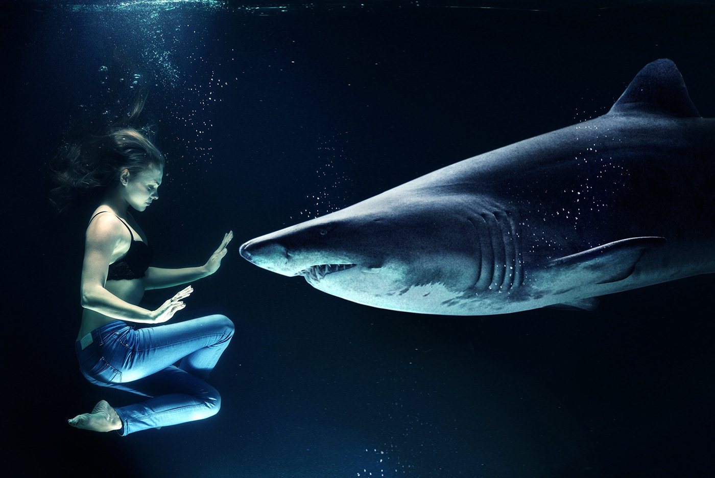 Ocean shark silence underwater woman