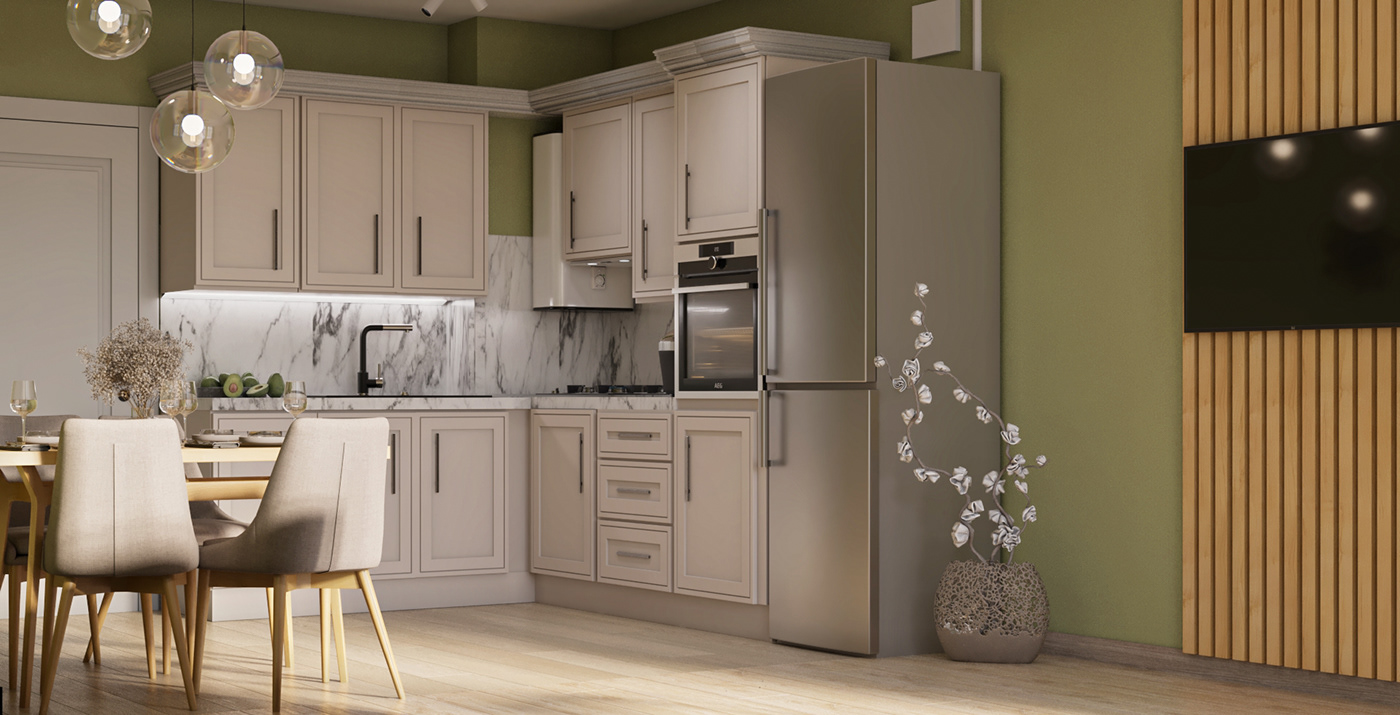 3D corona Interior interior design  kitchen design room visualization дизайн кухни  кухня Кухня гостиная