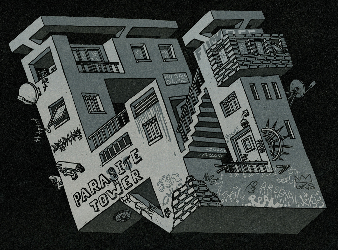 linocut illustration of british housing estate in the form of impossible architecture object