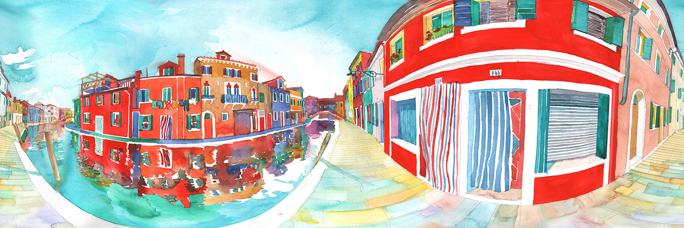 Burano Venice watercolor 360animation vr Virtual reality city vision idea