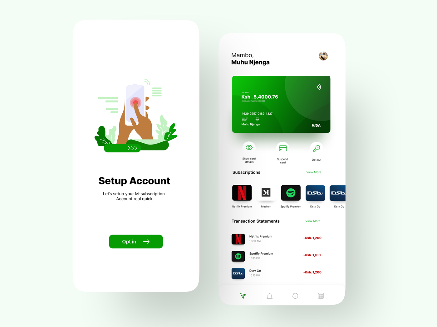 Bank fintech app Mobile app payment product design  Safaricom UI UI/UX ux virtual card