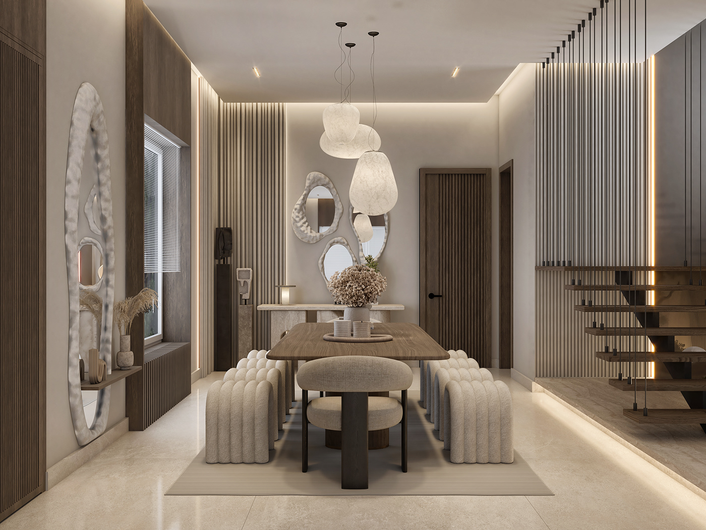 architecture interior design  visualization 3ds max Wabi Sabi reception dining stairs lights sideboard