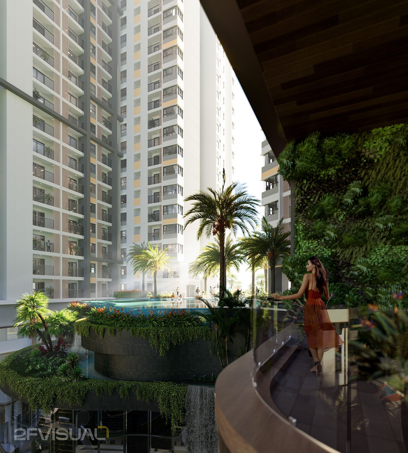 real estate amenity architecture archviz corona render  garden Infinity Pool waterfall CGI visualization