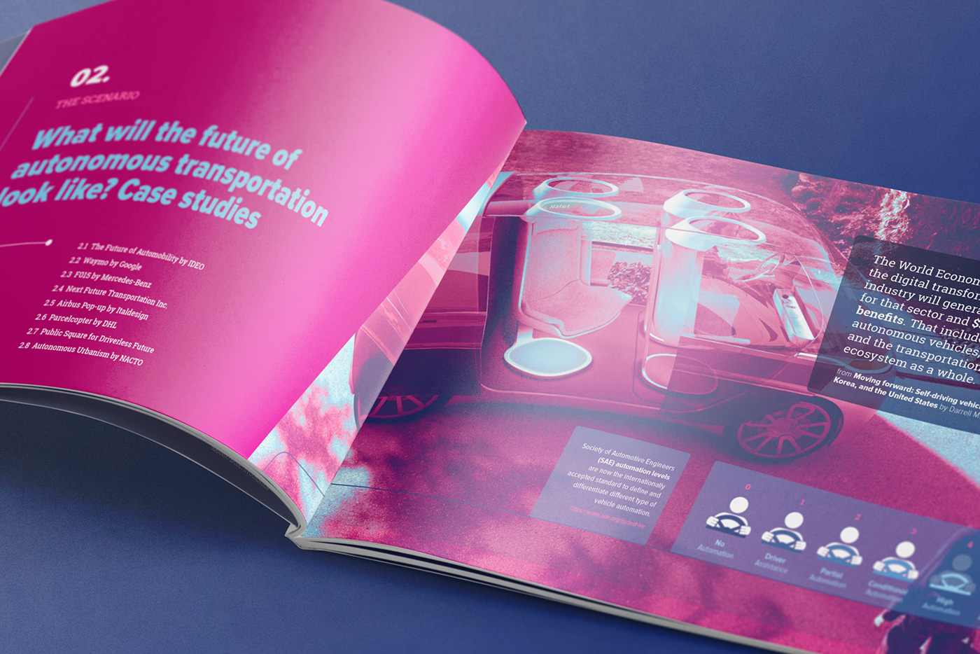 Opened brochure layout design for the Self-Driving Society white paper
