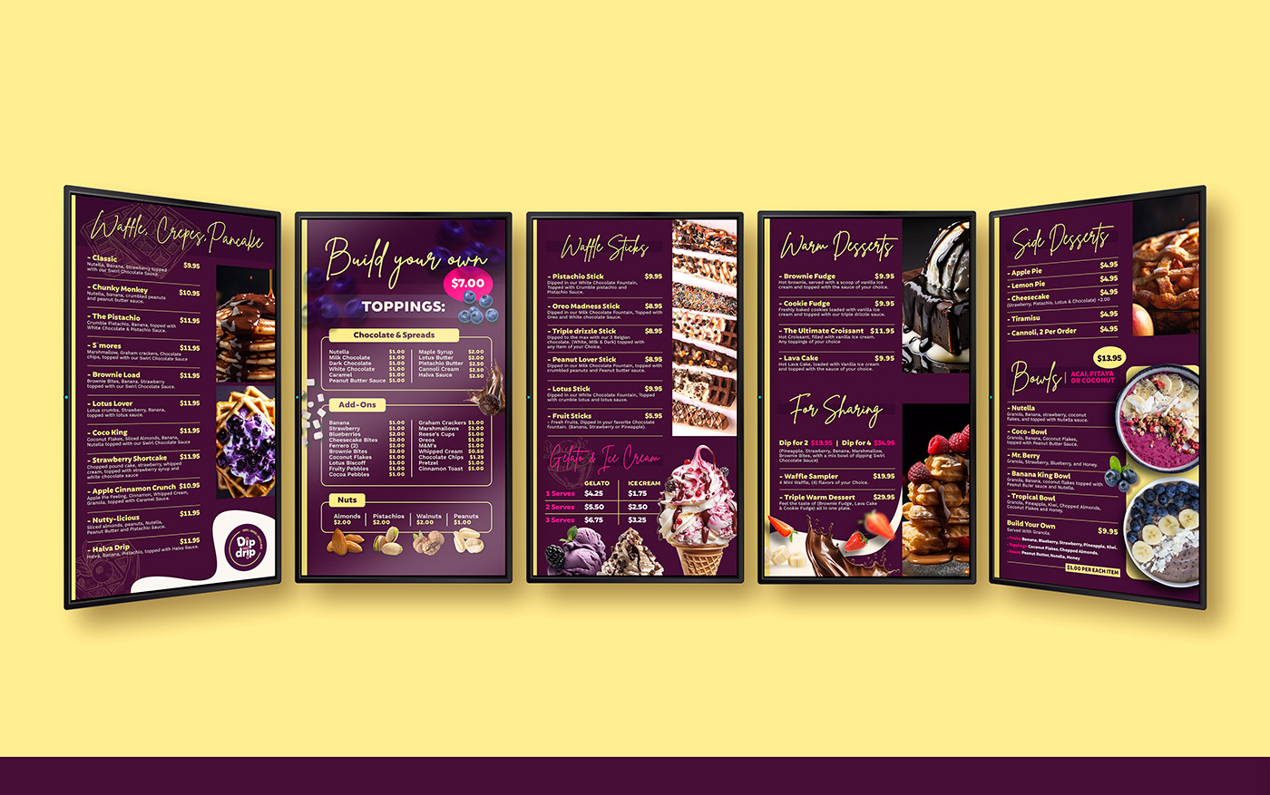 crepe Waffles Gelato branding  visual identity brand identity menudesign menu minimalmenu wafflelogo