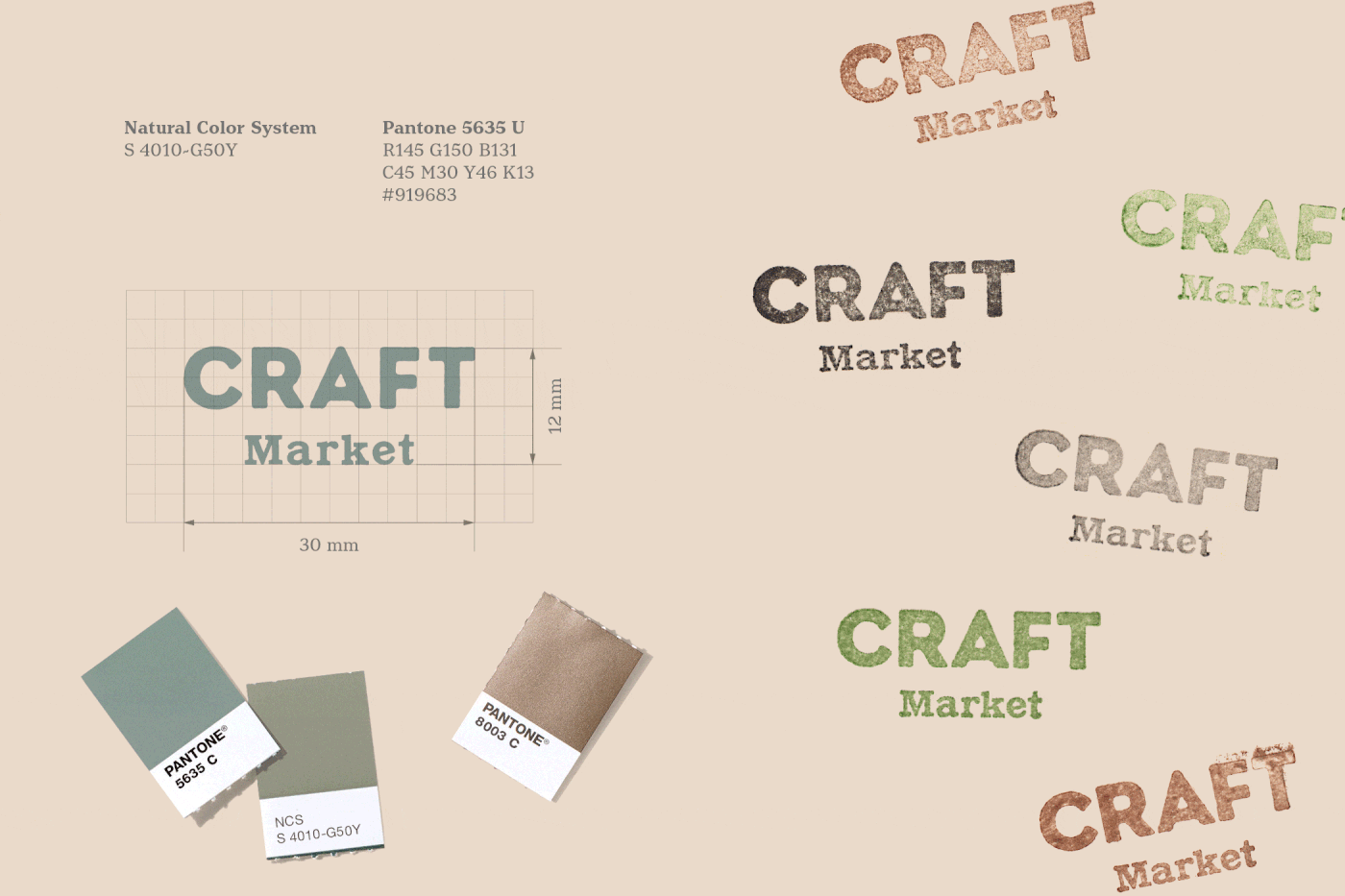 CRAFT Market logo colour and proportions. Rubber stamp application examples.