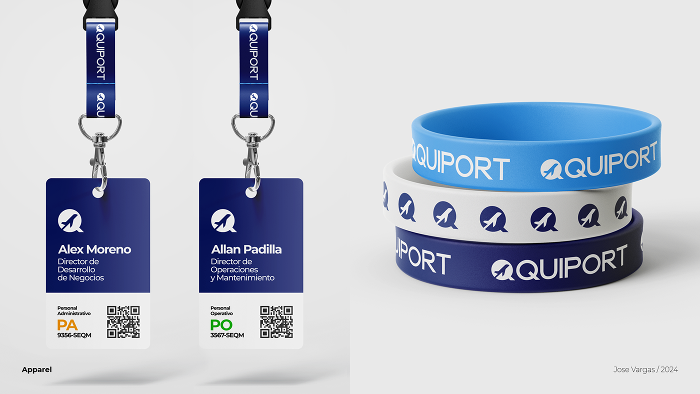 Quiport S.A. brand redesign proposal, personal project, logo applications tags and accesories
