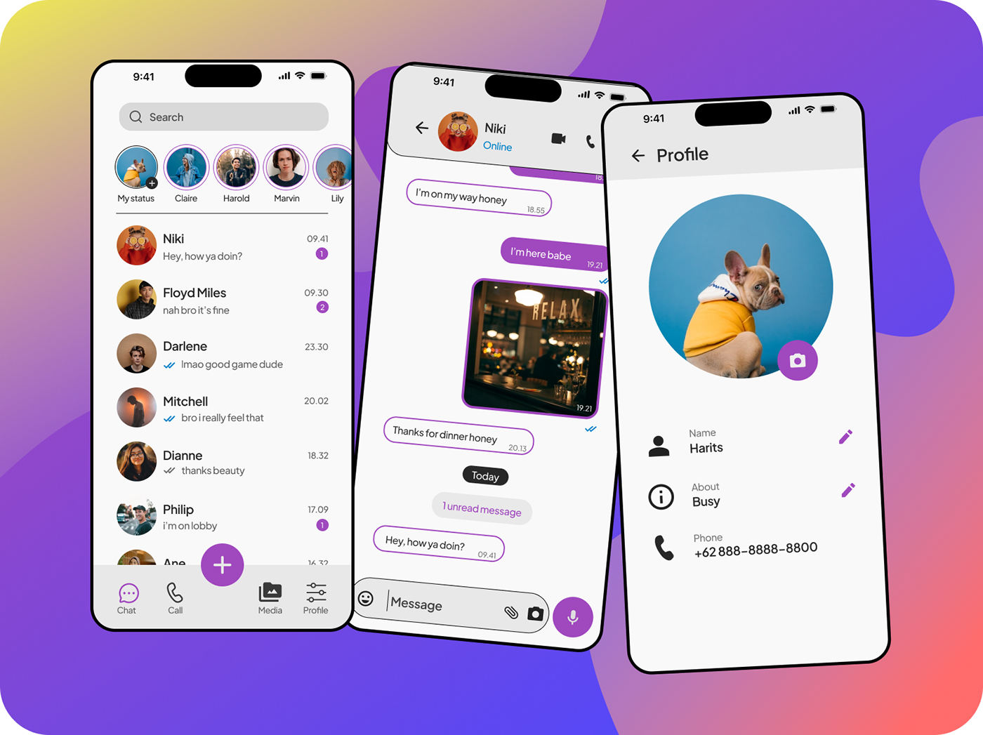 app design Chat chat app chatting Direct Messaging Mobile app mobile design purple ui design user profile