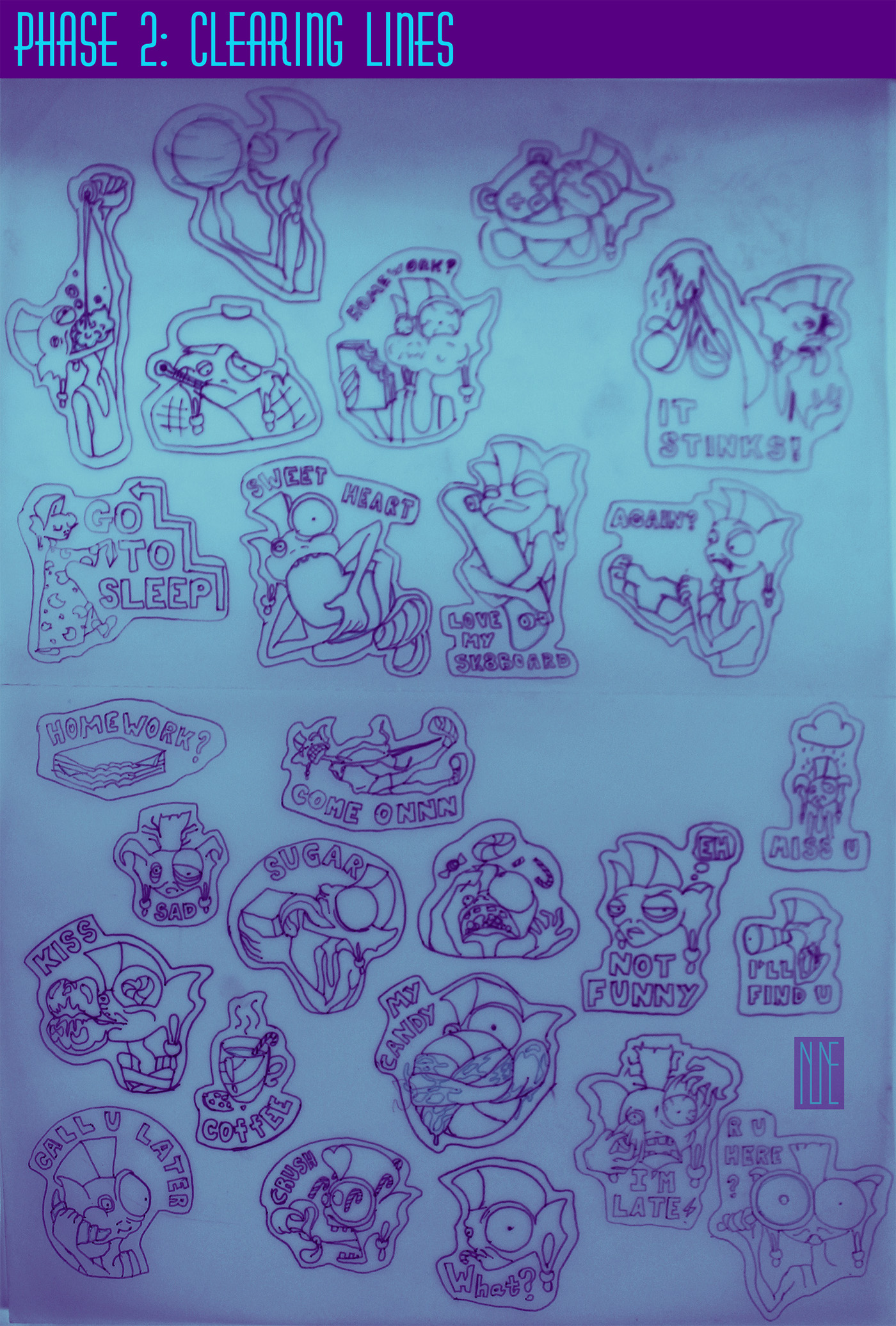 viber cool Character sticker stickers sketching clear lines purple cyan nune vibe