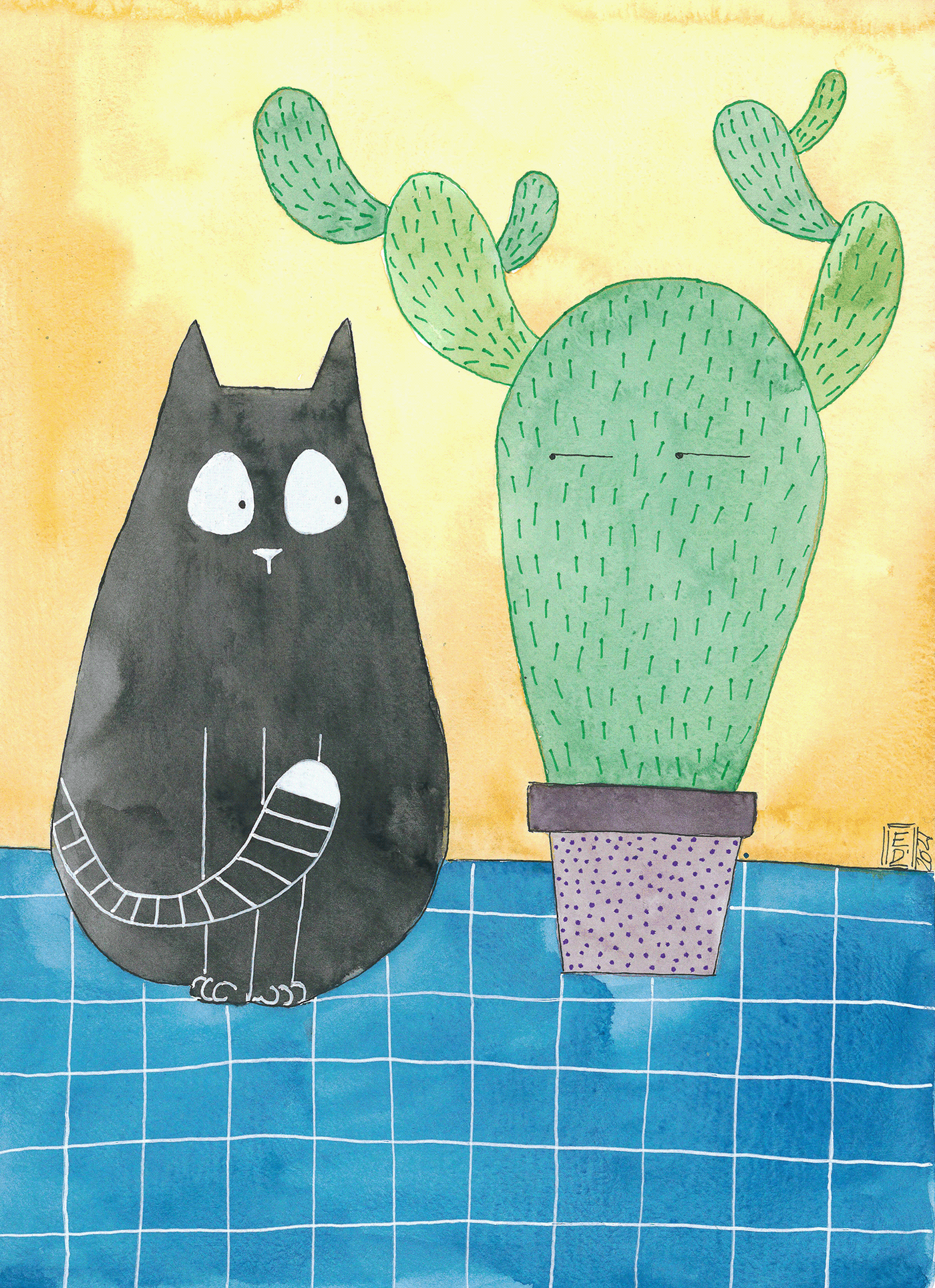 cactus Cat colors Drawing  hand drawn Hand Painted watercolor