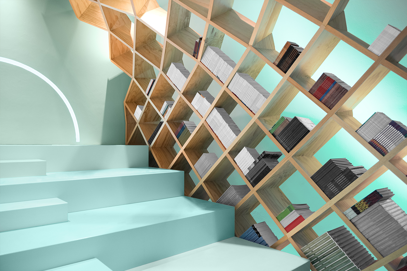 Anagrama mexico conarte library color read kids books stairs wood bookcase bookshelf Membrane Education Bookstore