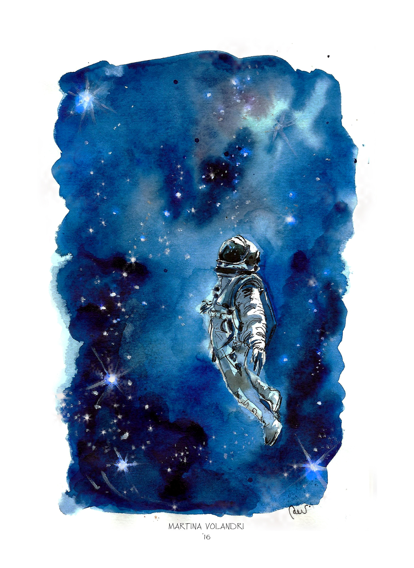 Illustation Drawing  watercolor Space  astronaut stars blue art nib