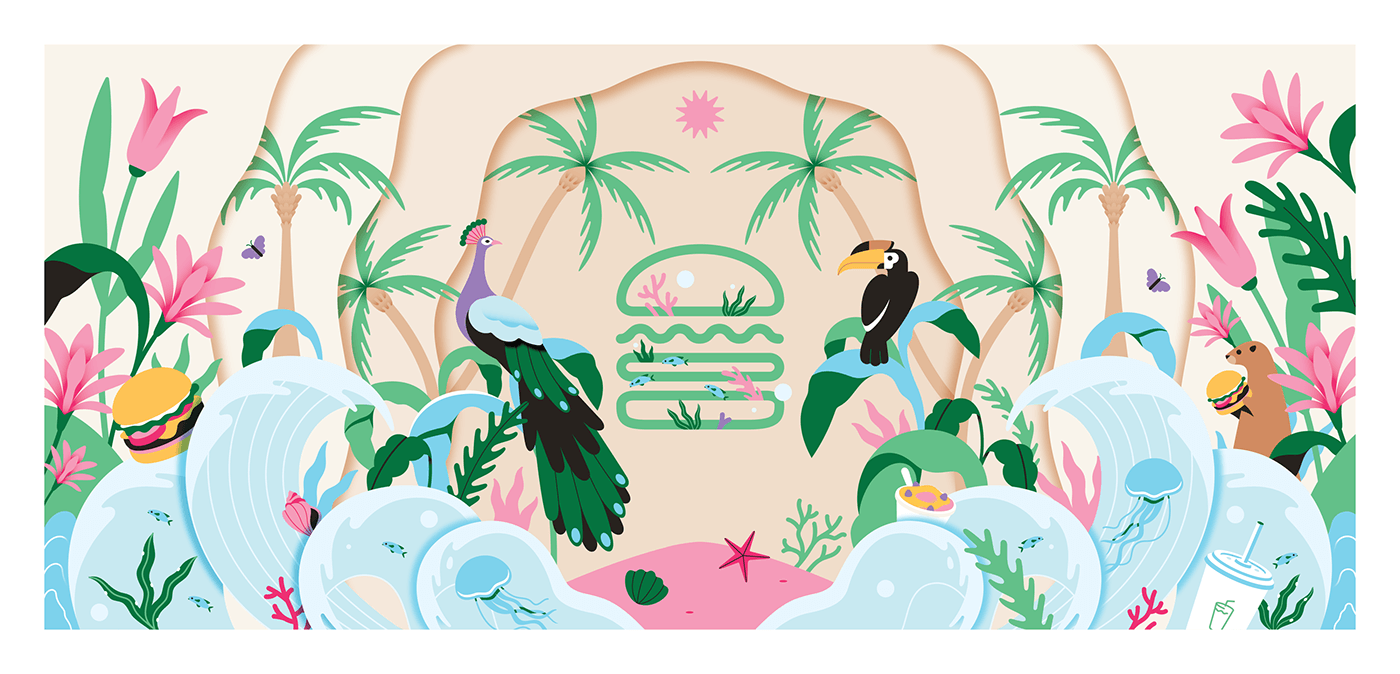 Mural Shake Shack Food  Illustrator wall restaurant digital illustration Nature Tropical animals