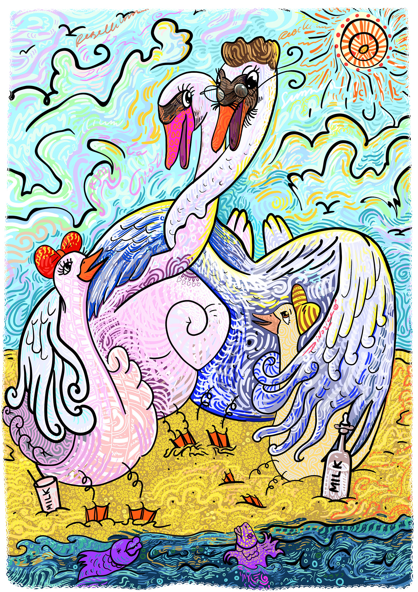 Alimkulov beach birds digital illustration Dinur Drawing  Love pink Rebellium swans
