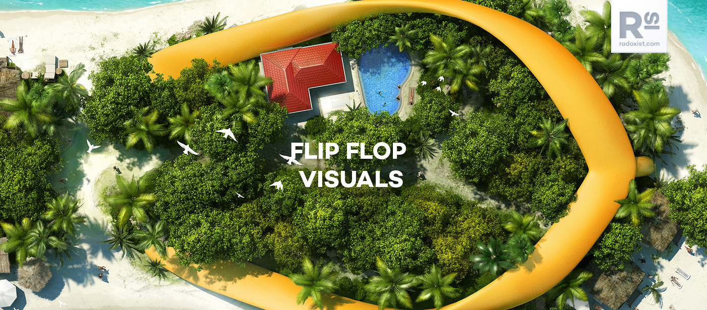 flip flop visuals photo manipulation Island top view Pool swimming 3D Render shade Holiday Travel