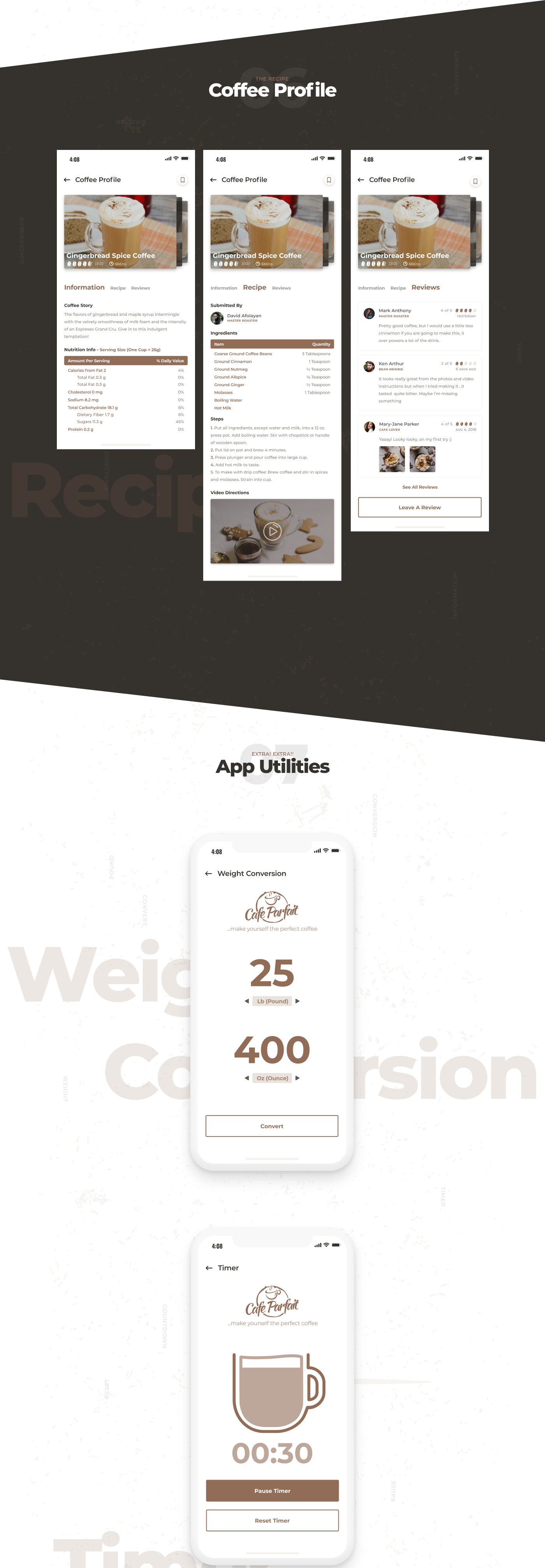 Coffee ios recipe app UI ux timer conversion Onboarding cafe